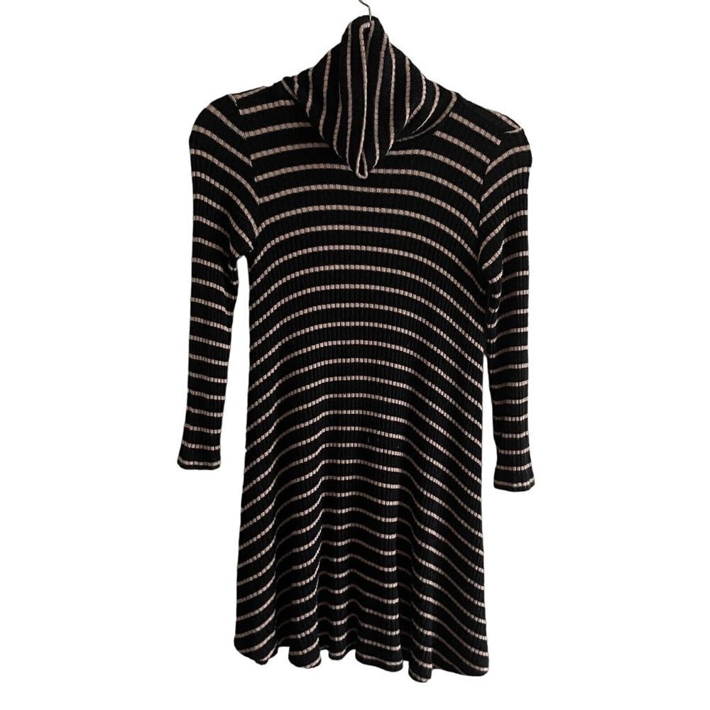 American Eagle Soft & Sexy Women S Black/Tan Striped Turtleneck L/S Shift Dress